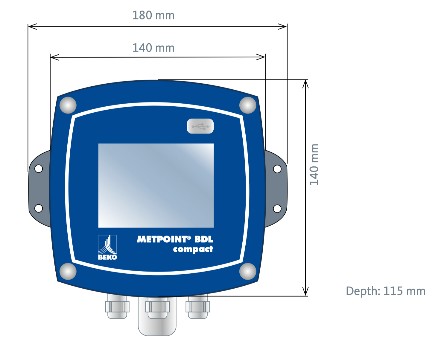 Blue device with dimensions labeled on a white background