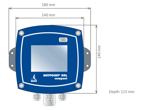 Blue device with dimensions labeled on a white background