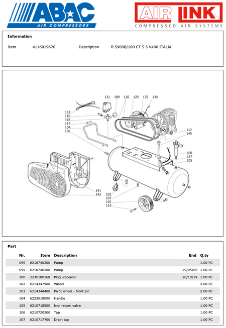 ABAC B5900B/100 CT 5 5 V400 ITALIA Piston Air Compressor Parts Manual - 4116019676 - airlinkcompressors.com