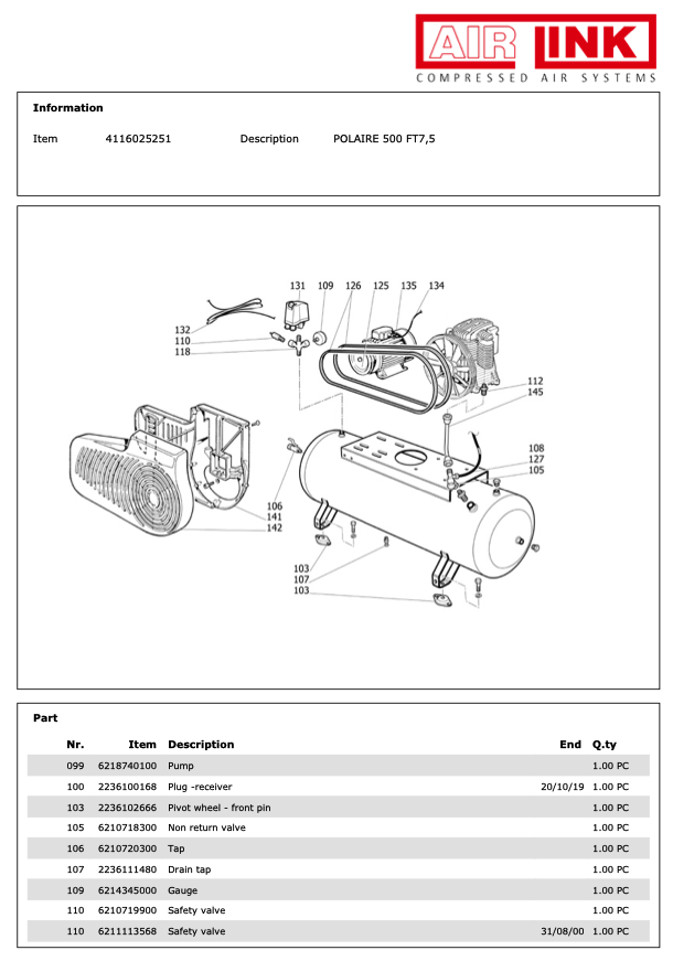 ABAC POLAIRE 500 FT7,5 Piston Air Compressor Parts Manual - 4116025251 - airlinkcompressors.com