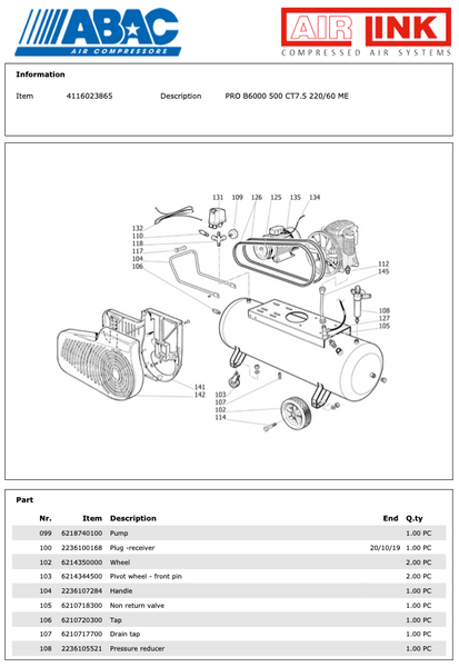 ABAC PRO B6000 500 CT7.5 220/60 ME Piston Air Compressor Parts Manual - 4116023865 - airlinkcompressors.com