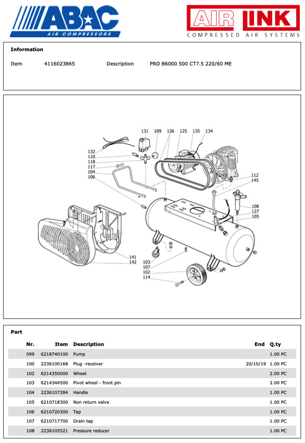 ABAC PRO B6000 500 CT7.5 220/60 ME Piston Air Compressor Parts Manual - 4116023865 - airlinkcompressors.com