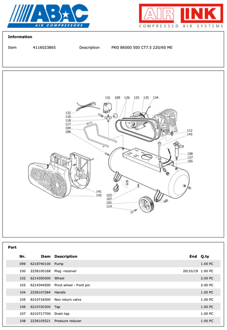 ABAC PRO B6000 500 CT7.5 220/60 ME Piston Air Compressor Parts Manual - 4116023865 - airlinkcompressors.com
