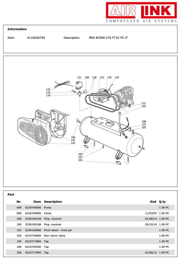 ABAC PRO B7000 270 FT10 YD 2 Piston Air Compressor Parts Manual - 4116020794 - airlinkcompressors.com