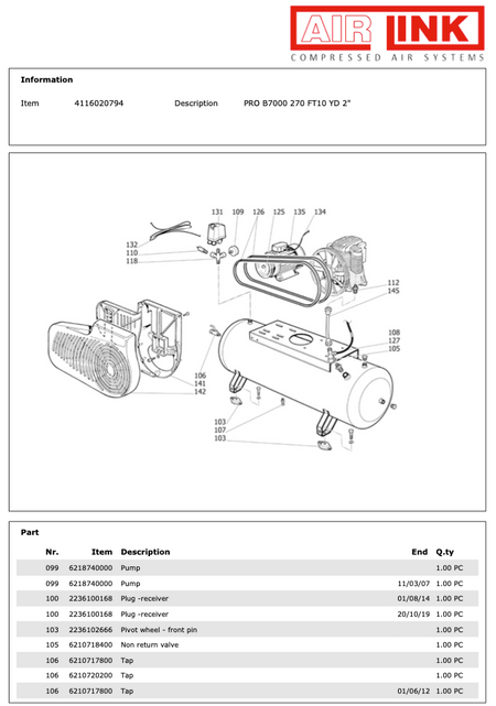 ABAC PRO B7000 270 FT10 YD 2 Piston Air Compressor Parts Manual - 4116020794 - airlinkcompressors.com