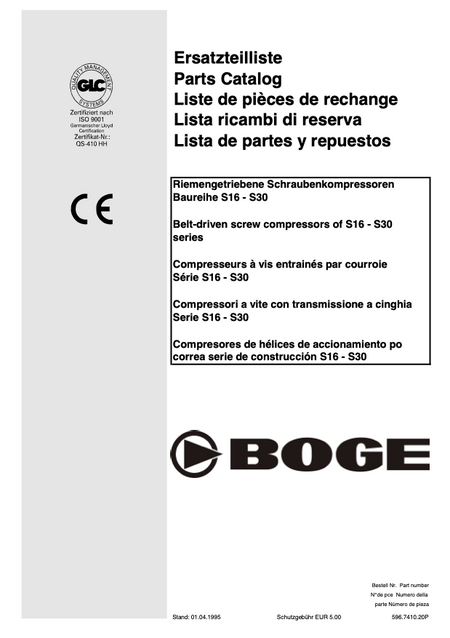 Boge S16 to S30 Compressor Parts Manual From 1995 - airlinkcompressors.com