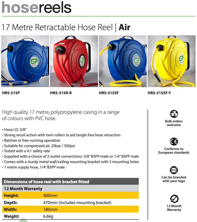 GP Red 17M Compressed Air Retractable PVC Hose Reel - HR5-315R-R - airlinkcompressors.com