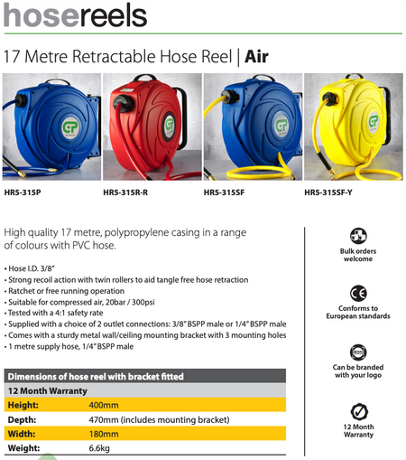 GP Red 17M Compressed Air Retractable PVC Hose Reel - HR5-315R-R - airlinkcompressors.com