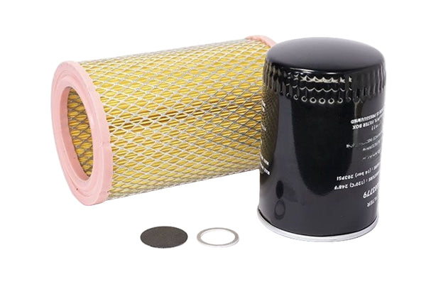 Air filter components including a yellow pleated filter, black cylindrical filter, and two metallic washers on a white background.