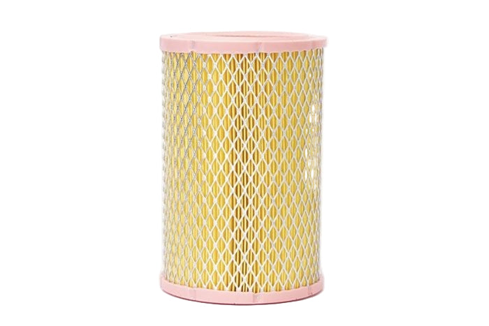 Yellow air filter with pink rim on a white background