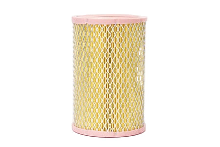 Yellow air filter with pink rim on a white background
