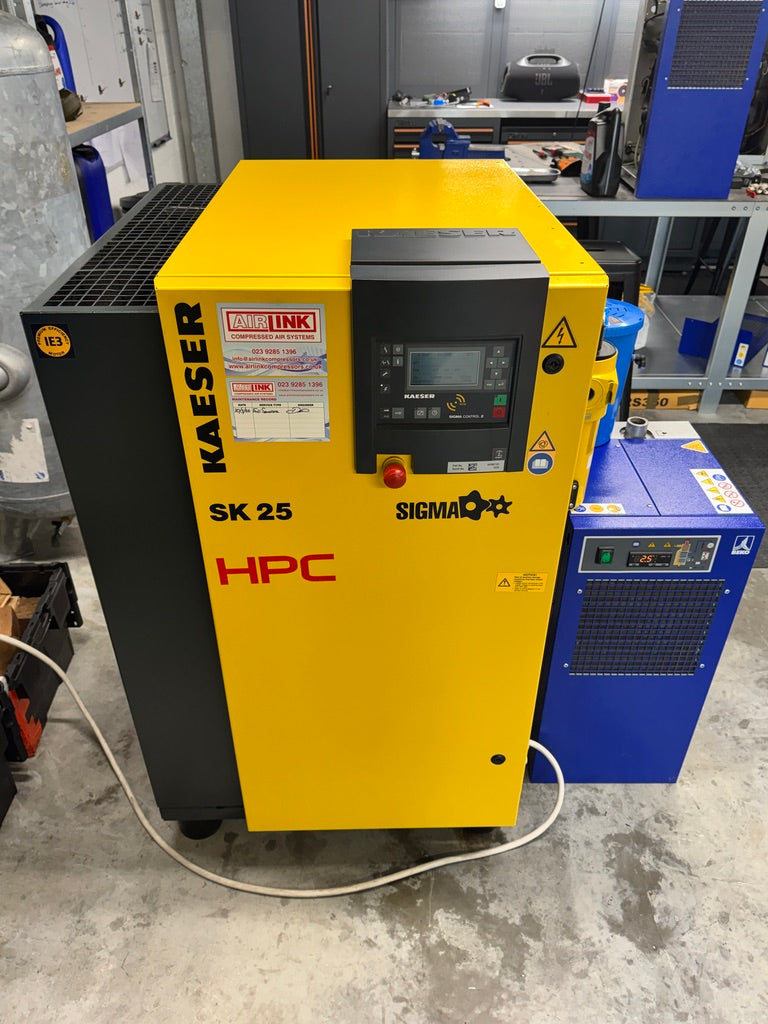 Refurbished HPC Kaeser SK25 15 kW Rotary Screw Compressor – 8 bar, Up to 88 CFM (2.5 m³/min), Sigma Profile, with BEKO Drypoint DRPA135/AC Dryer, Sterling CS75 Separator & HPC Filters