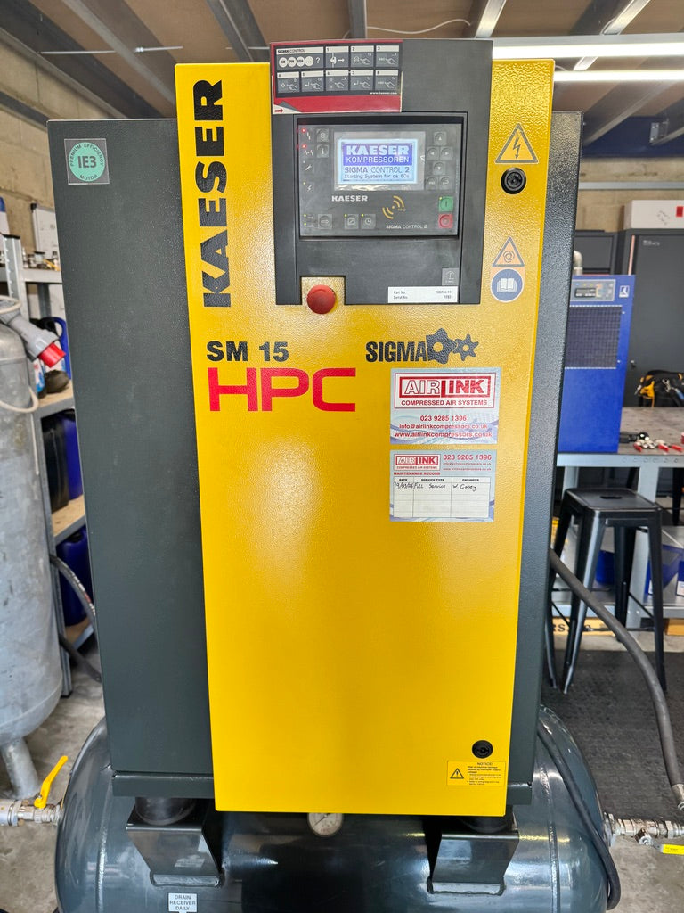 Refurbished HPC Kaeser SM15 11 kW Rotary Screw Compressor on 200L Tank with Matching Refrigerated Dryer & Filters – 8 bar, Up to 71 CFM