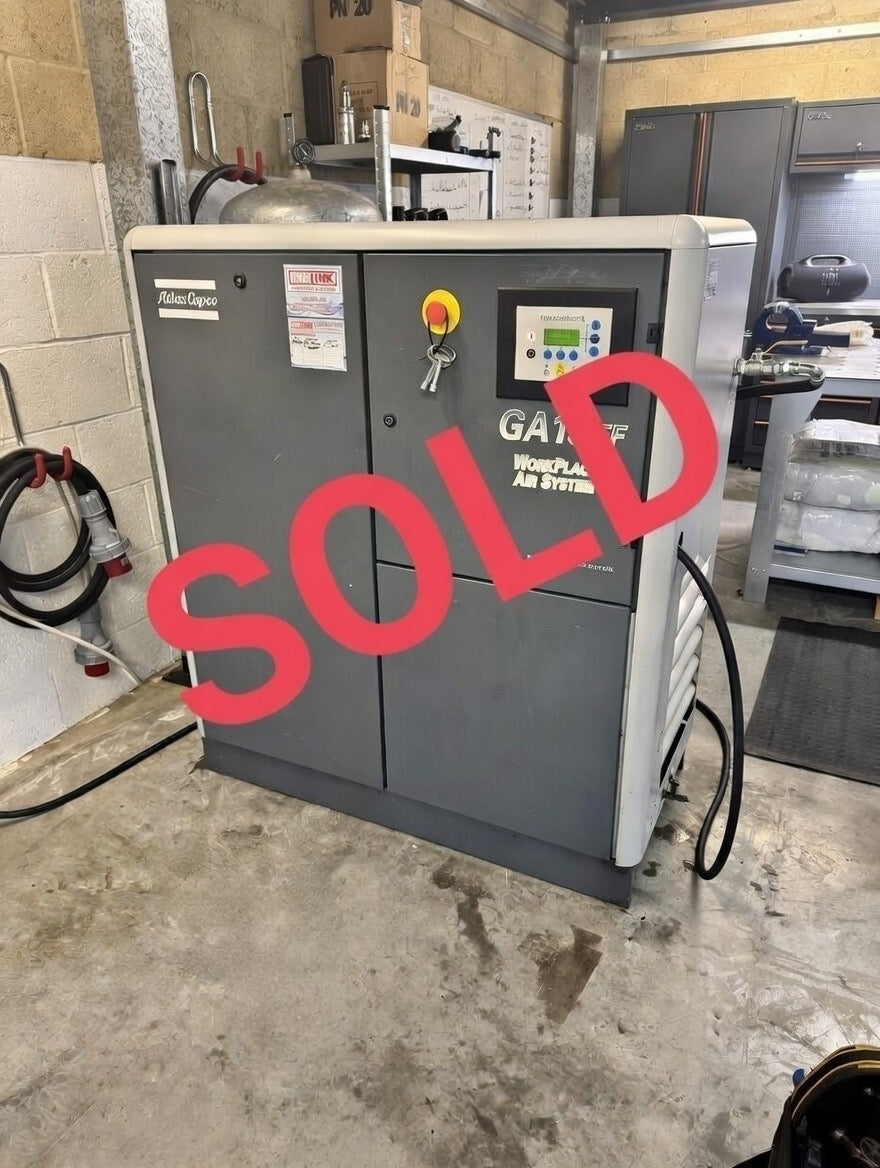 Refurbished Atlas Copco GA15 FF 15 kW Workplace Air Station (Full Feature) – 2002 Model, Integrated Dryer, Approx. 8-10 bar, ~83-90 CFM