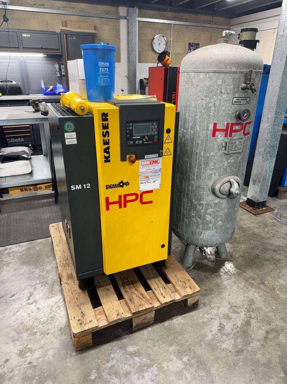 HPC Kaeser SM12 Rotary Screw Compressor Package - 7.5kW, 42 cfm, 250L Galvanised Receiver, CS75 OWS & Filtration | Refurbished