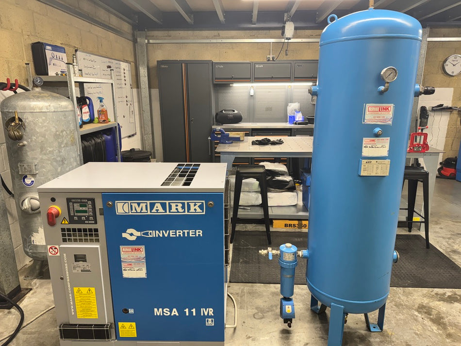 Refurbished MARK MSA 11 IVR 11kW Variable Speed Screw Compressor with Filter – Refurb Feb 2026, 8 bar, Up to 71 CFM, Base-Mounted + External 300L Tank