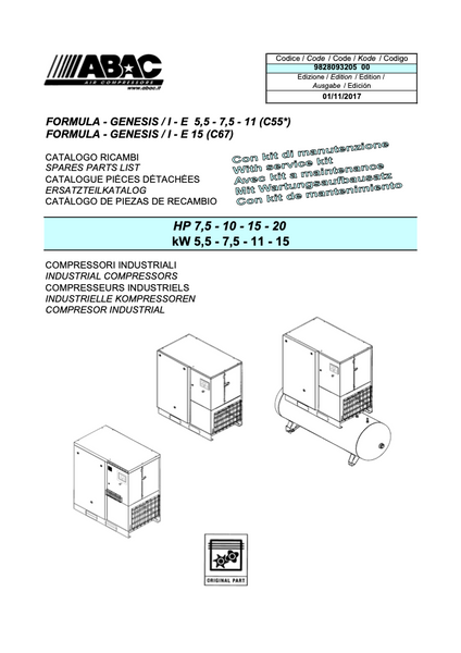 ABAC Formula Genesis 5.5 - 15 kW Parts Manual From 2017