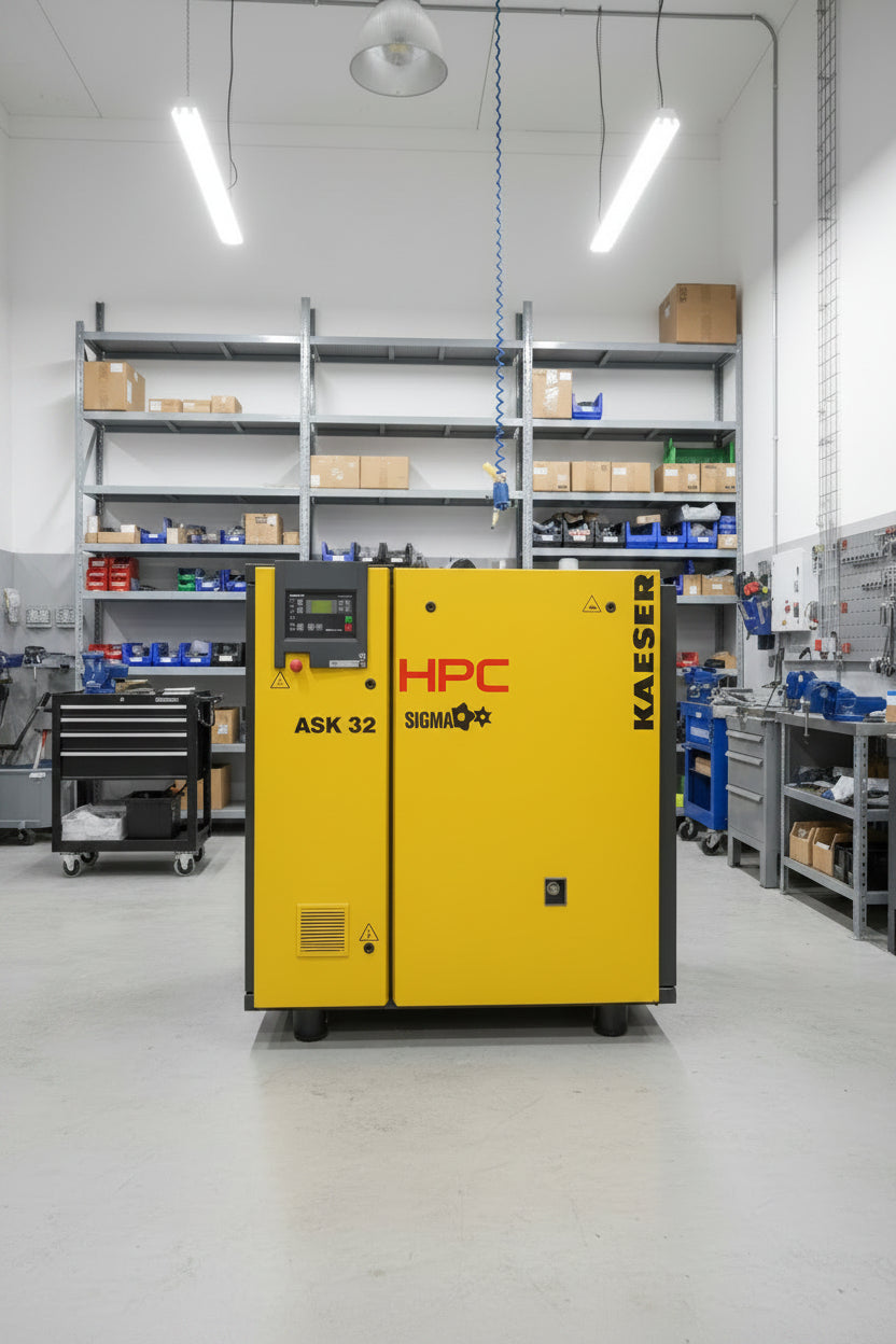 Yellow HPC compressor with 'Kaeser' branding in an industrial setting