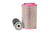 Two air filters, one cylindrical and one round with a pink rim, on a white background.