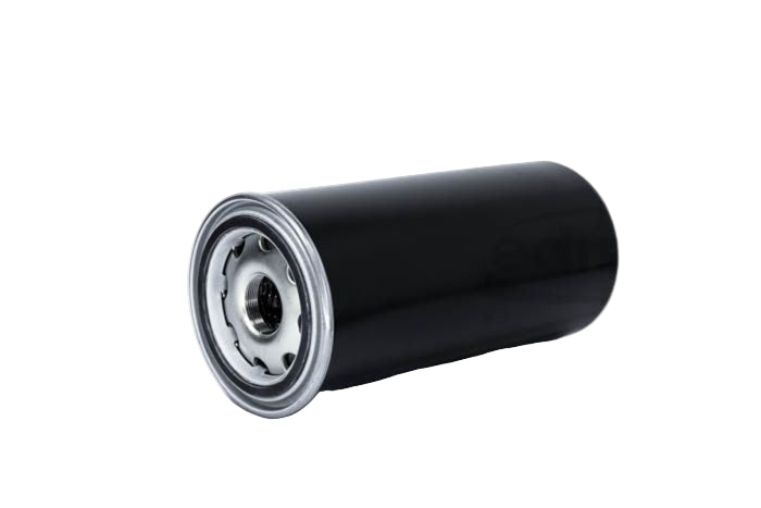 Black oil filter on a white background