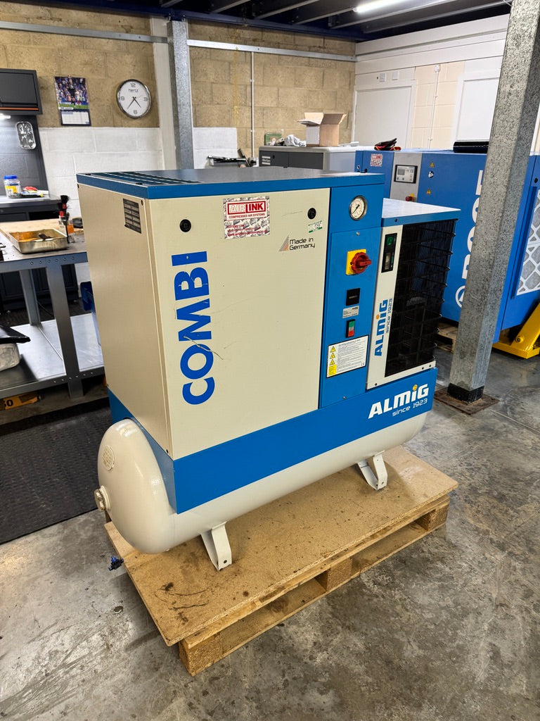 Almig Combi air compressor on a pallet in an industrial setting