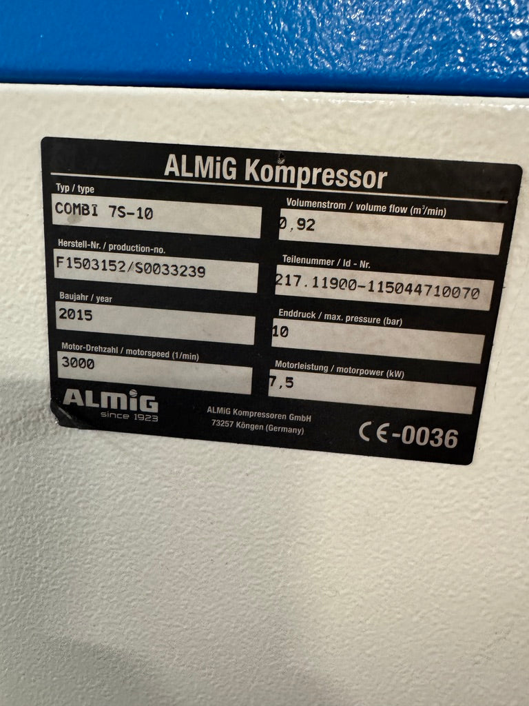 Almig compressor label on a machine with a blue top section.