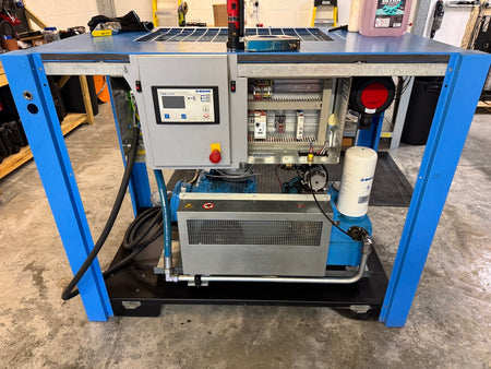 Industrial machine with blue frame on a concrete floor