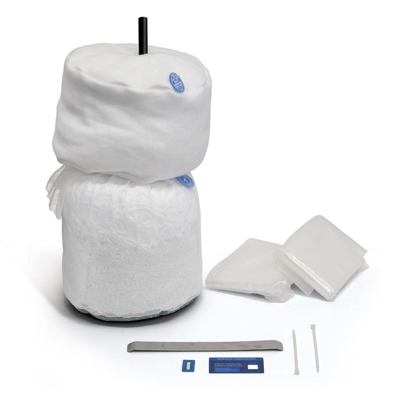 White filter cartridge with accessories on a white background
