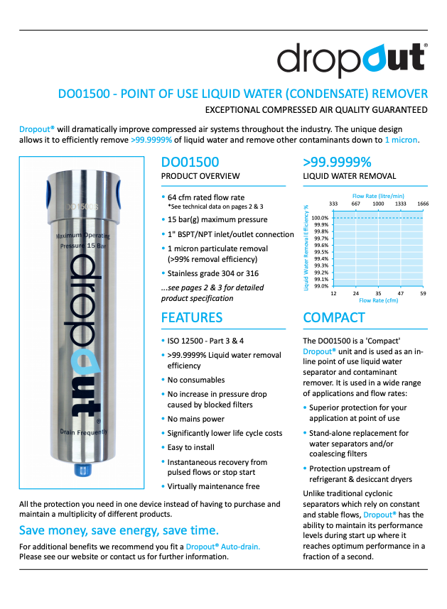 Product information sheet for 'dropout' DO01500 liquid water remover with specifications and features.