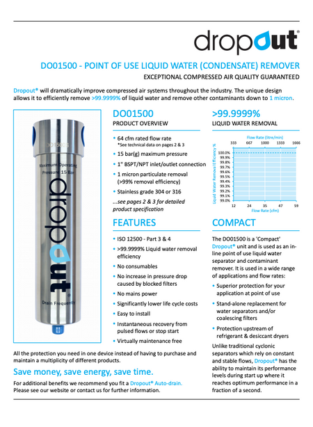 Product information sheet for 'dropout' DO01500 liquid water remover with specifications and features.