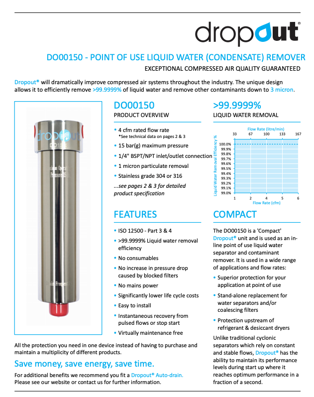 Product advertisement for a 'dropout' liquid water remover with technical specifications and features.