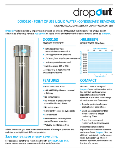 Product advertisement for a 'dropout' liquid water remover with technical specifications and features.