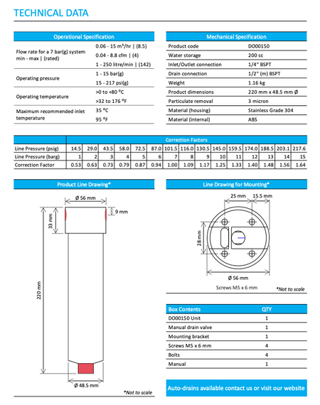 Technical data sheet for a product with specifications and dimensions.