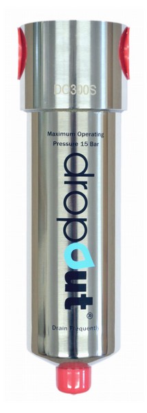 Metallic drain cleaner with red accents on a white background