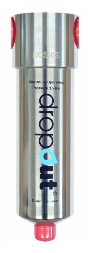 Metallic drain cleaner with red accents on a white background