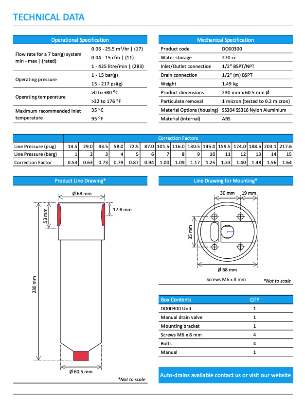 Technical data sheet for a product with specifications and dimensions.