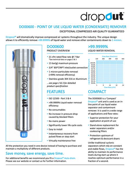 Product brochure for Dropout DDO0600 liquid water remover with technical specifications and features.