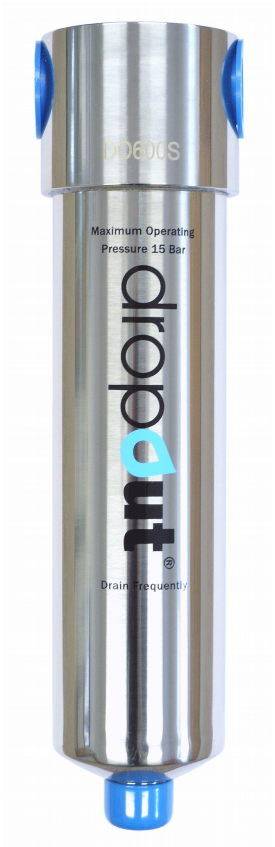 Metallic cylindrical device with 'dropout' branding on a white background