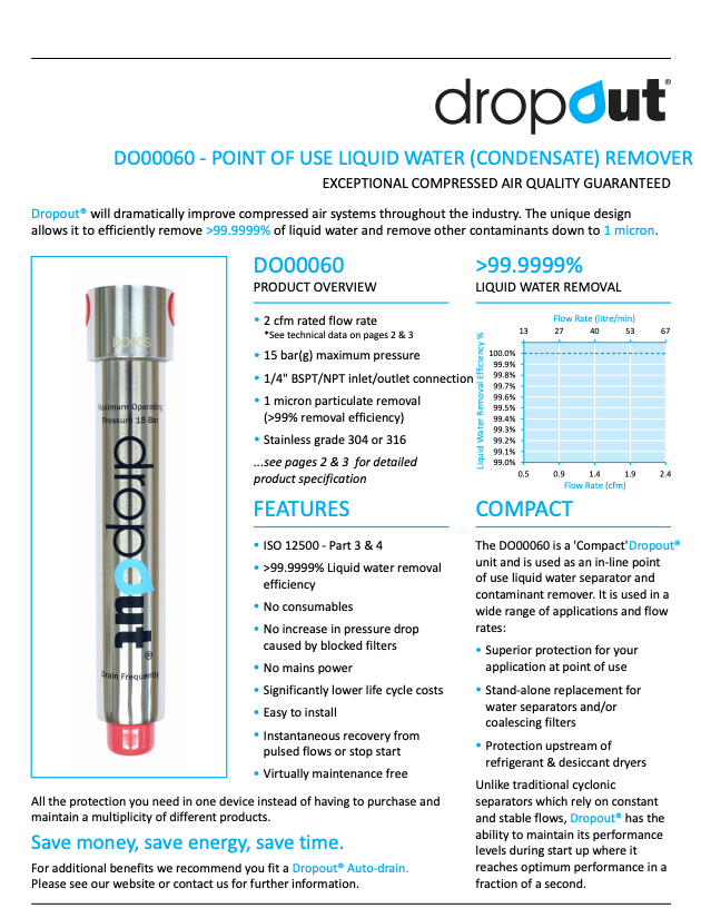 Product brochure for Dropout DO00060 liquid water remover with technical specifications and features.