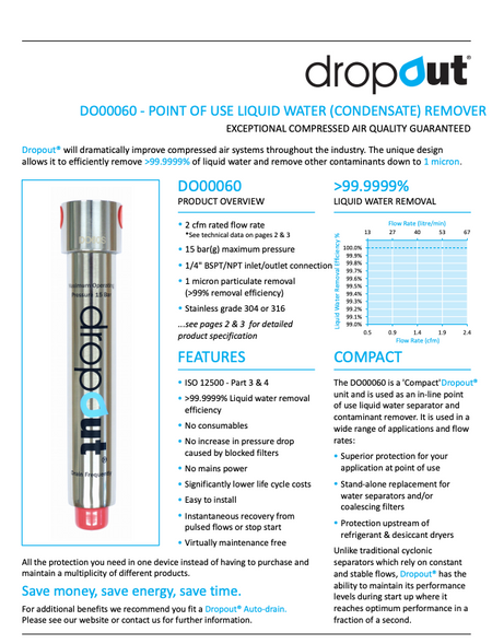 Product brochure for Dropout DO00060 liquid water remover with technical specifications and features.