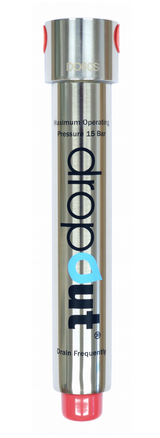 Metallic cylindrical device with 'dropout' branding on a white background