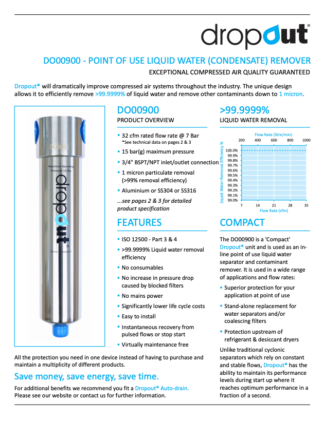 Product advertisement for 'dropout' liquid water remover with specifications and features.