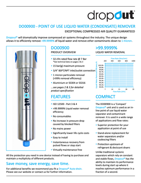 Product advertisement for 'dropout' liquid water remover with specifications and features.