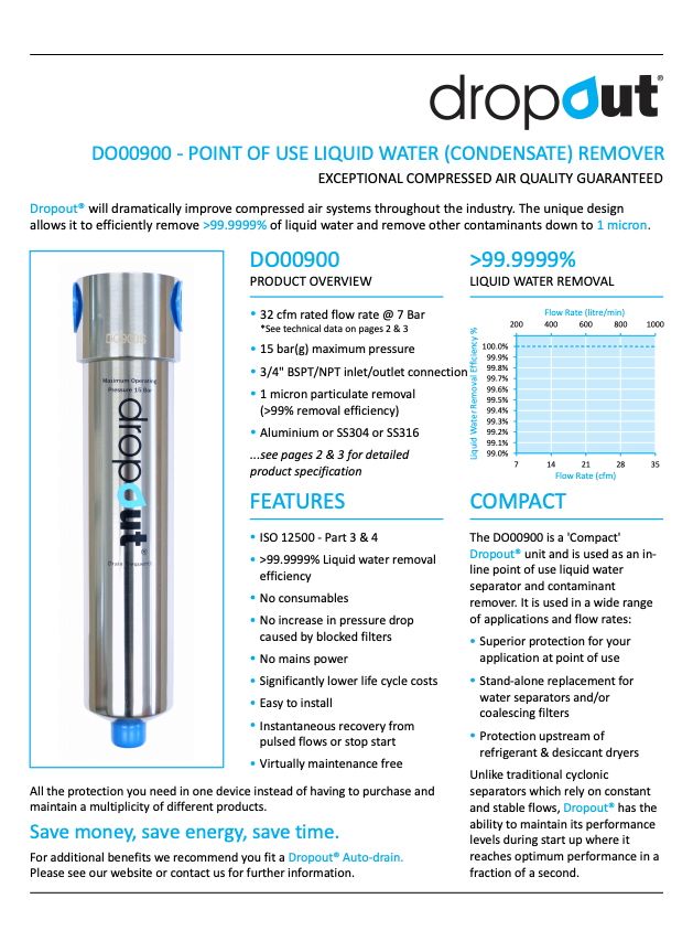Advertisement for Dropout DD00900 point of use liquid water remover with product details and features.