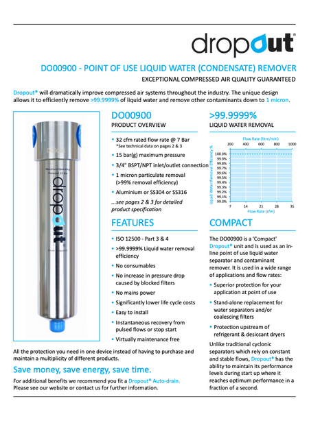 Advertisement for Dropout DD00900 point of use liquid water remover with product details and features.
