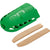 Green plastic tool with two wooden sticks on a white background