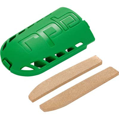 Green plastic tool with two wooden sticks on a white background