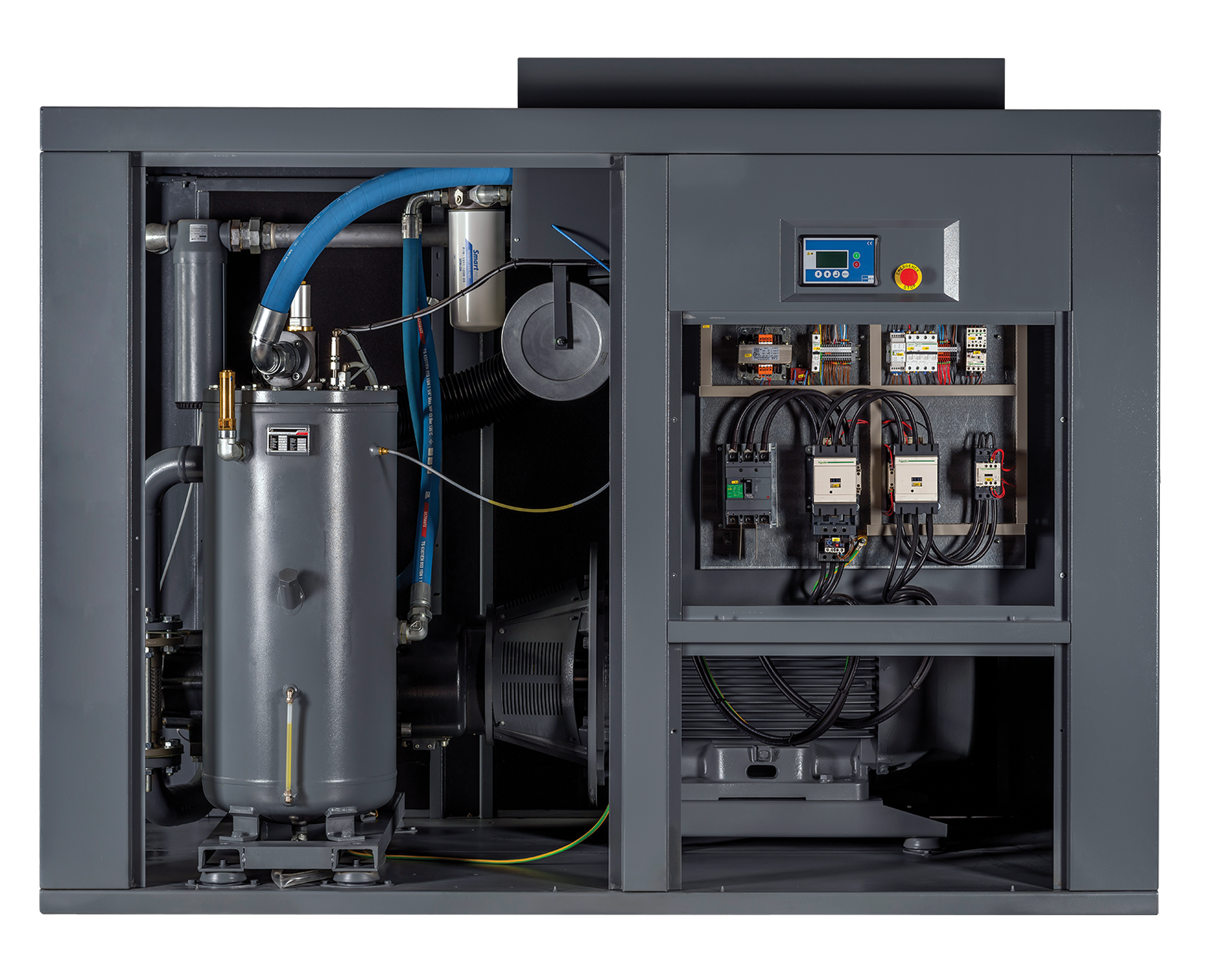 Industrial air compressor with visible components and controls on a white background