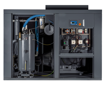 Industrial air compressor with visible components and controls on a white background