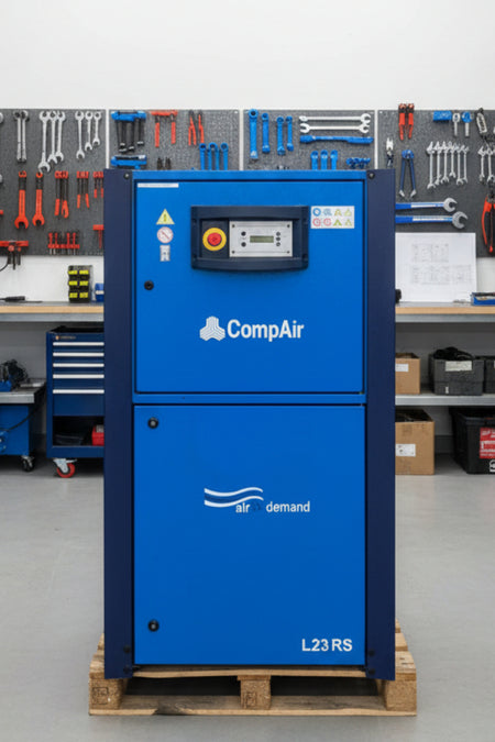 Blue CompAir air compressor on a pallet outdoors with trees and a building in the background.